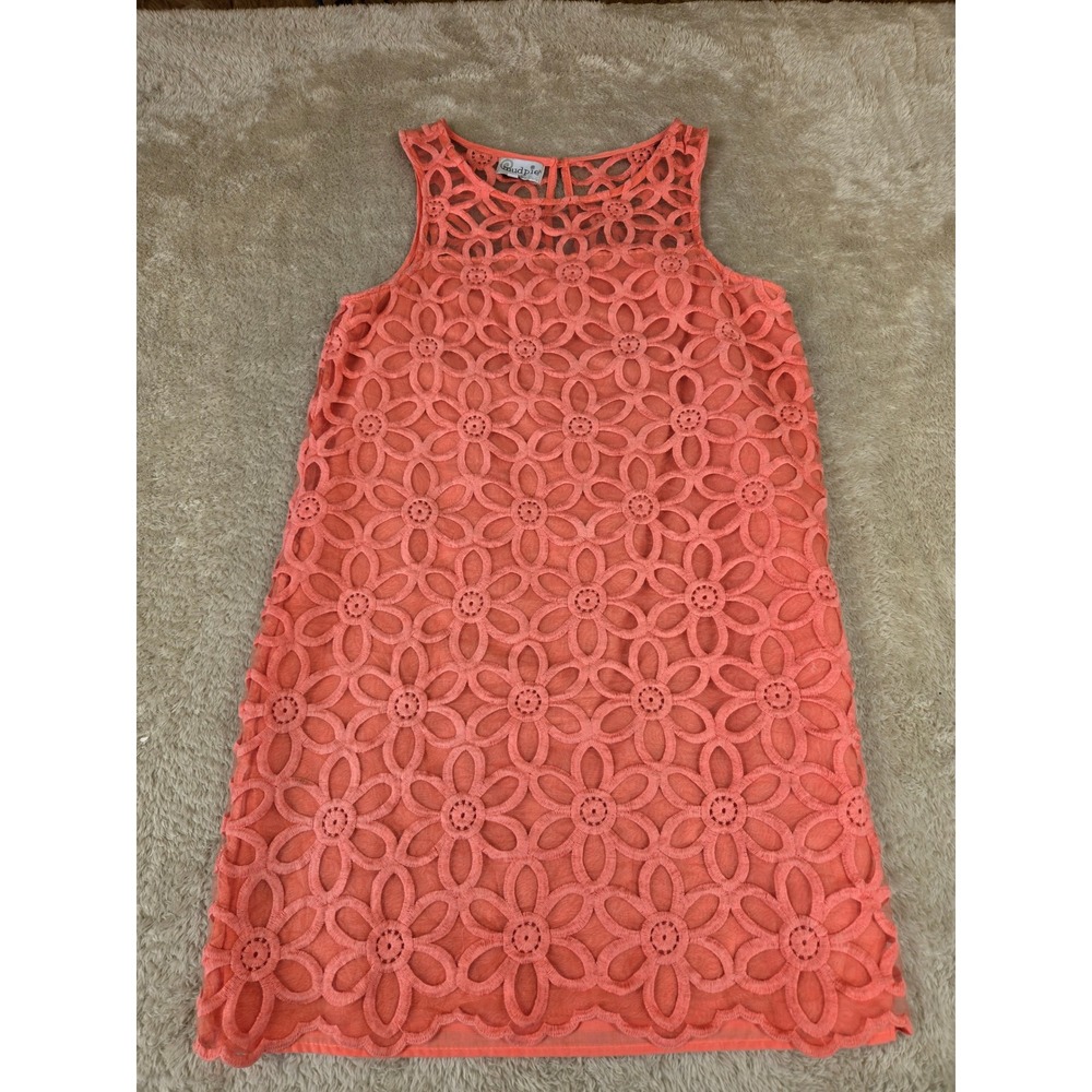 Mud Pie Bay Lady Coral‎ Pink Floral Eyelet Lace Sleeveless Shift Dress Womens M